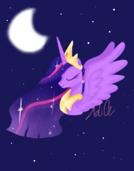 Size: 401x512 | Tagged: safe, artist:alicedrawing13, derpibooru import, princess twilight 2.0, twilight sparkle, twilight sparkle (alicorn), alicorn, pony, the last problem, crescent moon, eyes closed, horn, jewelry, moon, night, night sky, older, older twilight, profile, regalia, sky, spread wings, wings