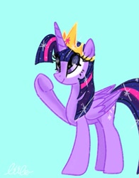 Size: 401x512 | Tagged: safe, artist:alicedrawing13, derpibooru import, twilight sparkle, twilight sparkle (alicorn), alicorn, pony, blue background, eye clipping through hair, female, folded wings, horn, jewelry, mare, raised hoof, raised leg, regalia, simple background, solo, underhoof, wings