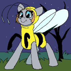 Size: 700x700 | Tagged: safe, artist:brainiac, derpibooru import, oc, oc only, oc:gray star, animal costume, bee costume, brainiacs sketchbook (set), clothes, costume, night, solo, stars, tree