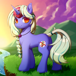 Size: 3543x3543 | Tagged: safe, artist:blueeye, derpibooru import, oc, oc only, oc:serene secrets, unicorn, braid, butt, cliff, male, mountain, plot, river, scenery, solo, water