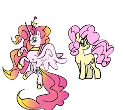 Size: 1102x979 | Tagged: safe, artist:alicedrawing13, derpibooru import, li'l cheese, pinkie pie, alicorn, earth pony, pony, the last problem, alicornified, duo, duo female, eye clipping through hair, female, horn, jewelry, mare, pinkiecorn, princess pinkie pie, race swap, regalia, simple background, spread wings, white background, wings, xk-class end-of-the-world scenario