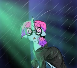 Size: 1102x979 | Tagged: safe, artist:alicedrawing13, derpibooru import, oc, oc only, pony, unicorn, clothes, eye clipping through hair, female, glasses, horn, mare, open mouth, rain, solo, wet