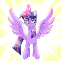 Size: 1024x1024 | Tagged: safe, artist:alicedrawing13, derpibooru import, twilight sparkle, twilight sparkle (alicorn), alicorn, pony, female, glowing, glowing horn, horn, looking at you, magic, magic aura, mare, solo, spread wings, wings