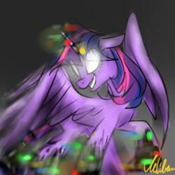 Size: 1280x1280 | Tagged: safe, artist:alicedrawing13, derpibooru import, twilight sparkle, twilight sparkle (alicorn), alicorn, pony, black background, corrupted, dusk till dawn, error, female, glitch, gradient background, horn, mare, partially open wings, simple background, solo, white background, wings
