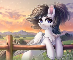 Size: 3050x2500 | Tagged: safe, artist:hakaina, derpibooru import, oc, oc only, pegasus, pony, fence, mountain, scenery, solo, sunset