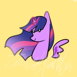 Size: 1280x1280 | Tagged: safe, artist:alicedrawing13, derpibooru import, twilight sparkle, twilight sparkle (alicorn), alicorn, pony, bust, female, glowing, glowing horn, golden eyes, horn, magic, magic aura, mare, portrait, simple background, solo, wings