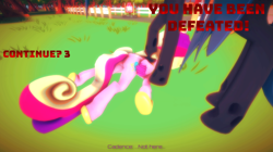 Size: 1920x1077 | Tagged: safe, artist:defeatedgirls, derpibooru import, princess cadance, queen chrysalis, alicorn, changeling, pony, 3d, butt, continue screen, defeated, dialogue, evil grin, female, field, flank, grin, mare, plot, ryona, smiling, source filmmaker, trampling, triumphant, unconscious, video game, worried