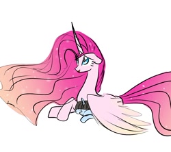 Size: 1102x979 | Tagged: safe, artist:alicedrawing13, derpibooru import, pinkie pie, oc, alicorn, pony, alicornified, duo, duo female, ethereal mane, eye clipping through hair, eyes closed, female, horn, lying down, mare, pinkiecorn, princess pinkie pie, prone, race swap, simple background, white background, wings, xk-class end-of-the-world scenario