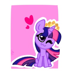 Size: 1280x1280 | Tagged: safe, artist:alicedrawing13, derpibooru import, twilight sparkle, twilight sparkle (alicorn), alicorn, pony, :3, female, floating, heart, horn, jewelry, mare, one eye closed, outline, partial background, regalia, simple background, sitting, solo, white background, wink