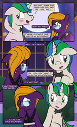Size: 1920x3168 | Tagged: safe, artist:alexdti, derpibooru import, oc, oc only, oc:purple creativity, oc:star logic, pegasus, pony, unicorn, comic:quest for friendship, blushing, bowtie, comic, dialogue, duo, duo male and female, ears back, female, glasses, high res, horn, looking at someone, looking away, male, mare, moon, night, oc x oc, open mouth, open smile, outdoors, pegasus oc, shipping, smiling, speech bubble, stallion, two toned mane, unicorn oc