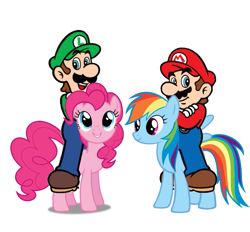 Size: 753x698 | Tagged: safe, artist:dashiesparkle, derpibooru import, edit, pinkie pie, rainbow dash, earth pony, human, pegasus, pony, g4, 1000 years in photoshop, crossover, crossover shipping, female, luigi, luigipie, male, mare, mario, mariodash, riding, shipping, simple background, straight, super mario bros., white background