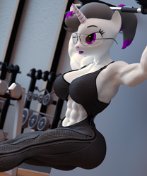 Size: 3000x3600 | Tagged: safe, artist:dashie116, derpibooru import, oc, oc only, oc:hazel radiate, anthro, unicorn, abs, anthro oc, belly button, biceps, breasts, clothes, commission, commissioner:biohazard, exercise, eyebrows, eyelashes, female, fetish, glasses, gym, high res, highlights, horn, mare, midriff, muscle fetish, muscles, ponytail, purple eyes, solo, sports bra, toned, toned female, triceps, unicorn oc, ych result