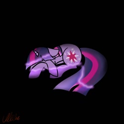 Size: 1280x1280 | Tagged: safe, artist:alicedrawing13, derpibooru import, twilight sparkle, unicorn twilight, pony, unicorn, black background, female, horn, lying down, mare, prone, sad, simple background, solo