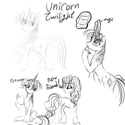 Size: 1280x1280 | Tagged: safe, artist:alicedrawing13, derpibooru import, pinkie pie, twilight sparkle, unicorn twilight, earth pony, pony, unicorn, bag, book, can, eye clipping through hair, female, horn, looking at someone, magic, magic aura, mare, raised hoof, raised leg, simple background, sitting, telekinesis, white background