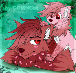 Size: 2592x2480 | Tagged: safe, derpibooru import, oc, oc only, oc:akura, oc:nohana, timber wolf, wolf, wolf pony, biting, claws, crossed arms, cub, ear bite, ear fluff, ears, father and child, father and son, freckles, gradient hair, gradient mane, hair over one eye, male, parent and child, petals, raised eyebrow, tree branch, two toned coat, young