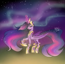 Size: 549x540 | Tagged: safe, artist:alicedrawing13, derpibooru import, princess twilight 2.0, twilight sparkle, twilight sparkle (alicorn), alicorn, pony, the last problem, aurora borealis, crown, ethereal mane, female, hoof shoes, horn, jewelry, lair, magic, magic aura, mare, night, night sky, older, older twilight, peytral, raised hoof, raised leg, regalia, sky, solo, wings