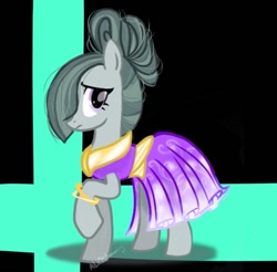 Size: 549x540 | Tagged: safe, artist:alicedrawing13, derpibooru import, marble pie, earth pony, pony, black background, clothes, dress, female, hair over one eye, mare, profile, raised hoof, raised leg, simple background, solo