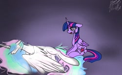 Size: 1237x766 | Tagged: safe, artist:alicedrawing13, derpibooru import, princess celestia, twilight sparkle, twilight sparkle (alicorn), alicorn, pony, crying, duo, duo female, eye clipping through hair, eyes closed, female, folded wings, horn, implied death, mare, sitting, teary eyes, wings