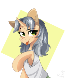 Size: 1700x2000 | Tagged: safe, derpibooru import, oc, oc only, earth pony, pony, unicorn, :p, abstract background, clothes, eye clipping through hair, eyebrows, eyebrows visible through hair, horn, lidded eyes, looking at you, raised eyebrow, raised leg, shirt, sitting, solo, tongue, tongue out, unicorn oc