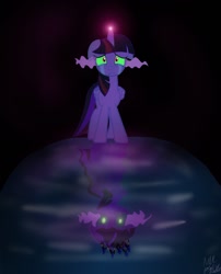 Size: 1028x1275 | Tagged: safe, artist:alicedrawing13, derpibooru import, twilight sparkle, twilight sparkle (alicorn), alicorn, pony, crying, female, glowing, glowing horn, horn, magic, mare, reflection, solo, spread wings, teary eyes, wings