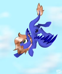 Size: 1714x2048 | Tagged: safe, artist:alicedrawing13, derpibooru import, oc, oc only, pegasus, pony, choker, cloud, eye clipping through hair, leonine tail, open mouth, sky, solo, spread wings, tail, wings