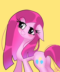 Size: 1714x2048 | Tagged: safe, artist:alicedrawing13, derpibooru import, pinkie pie, earth pony, pony, alternate cutie mark, eye clipping through hair, female, mare, pinkamena diane pie, simple background, solo, yellow background