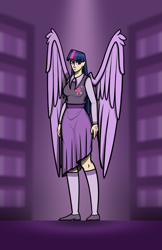 Size: 4000x6158 | Tagged: safe, artist:deroach, derpibooru import, twilight sparkle, twilight sparkle (alicorn), alicorn, human, abstract background, clothes, cutie mark on clothes, equestria project humanized, fanfic, humanized, winged humanization, wings