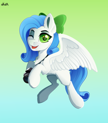 Size: 3500x4000 | Tagged: safe, artist:rainbowfire, derpibooru import, oc, pegasus, pony, bow, chest fluff, cute, ear fluff, ears, female, fluffy, green eyes, grin, hair bow, looking at you, open mouth, photo, photocamera, raised hoof, raised leg, simple background, smiling, solo, spread wings, white, wings