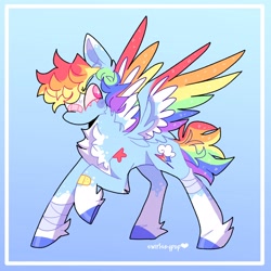 Size: 2048x2048 | Tagged: safe, artist:swirlseypop, derpibooru import, rainbow dash, pegasus, pony, bandage, bandaid, blue background, chest fluff, female, gradient background, mare, raised hoof, raised leg, simple background, solo, spread wings, wings