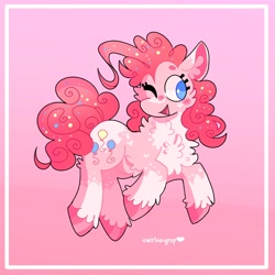 Size: 2048x2048 | Tagged: safe, artist:swirlseypop, derpibooru import, pinkie pie, earth pony, pony, chest fluff, ear fluff, ears, female, mare, one eye closed, open mouth, pink background, simple background, solo, wink