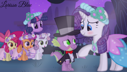 Size: 1280x720 | Tagged: safe, artist:mlplary6, derpibooru import, apple bloom, rarity, scootaloo, spike, sweetie belle, twilight sparkle, unicorn twilight, dragon, earth pony, pegasus, pony, unicorn, a canterlot wedding, blushing, clothes, cutie mark crusaders, dress, female, filly, foal, looking at each other, looking at someone, male, mare, shipper on deck, shipping, smiling, smiling at each other, sparity, straight