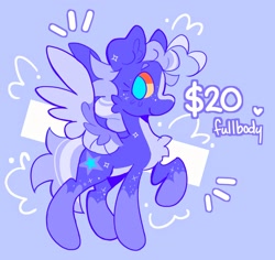 Size: 2048x1934 | Tagged: safe, artist:swirlseypop, derpibooru import, oc, oc only, pegasus, pony, blue background, chest fluff, emanata, female, heart, looking at you, mare, no pupils, profile, raised hoof, raised leg, simple background, solo, spread wings, wings