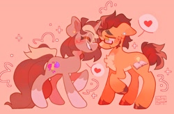 Size: 2048x1340 | Tagged: safe, artist:swirlseypop, derpibooru import, oc, oc only, earth pony, pony, unicorn, chest fluff, commission, duo, earth pony oc, eyes closed, glasses, heart, horn, looking at someone, no pupils, profile, raised hoof, raised leg, simple background, smiling, unicorn oc