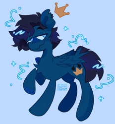 Size: 1902x2048 | Tagged: safe, artist:swirlseypop, derpibooru import, oc, oc only, pegasus, pony, blue background, commission, ear piercing, earring, folded wings, jewelry, no pupils, pegasus oc, piercing, raised hoof, raised leg, simple background, solo, wings