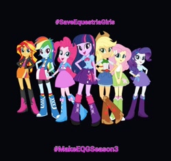 Size: 828x778 | Tagged: safe, derpibooru import, applejack, fluttershy, pinkie pie, rainbow dash, rarity, sunset shimmer, twilight sparkle, equestria girls, belt, black background, boots, clothes, cowboy boots, cowboy hat, hat, high heel boots, humane five, humane seven, humane six, jacket, save equestria girls, shirt, shoes, simple background, skirt, socks, solo