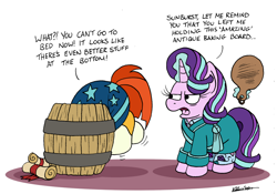 Size: 1024x717 | Tagged: safe, artist:bobthedalek, derpibooru import, starlight glimmer, sunburst, pony, unicorn, atg 2022, barrel, bathrobe, clothes, imminent spanking, implied spanking, newbie artist training grounds, pajamas, robe, starlight glimmer is not amused, that pony sure does love antiques, tired, unamused