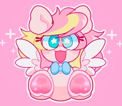 Size: 2048x1784 | Tagged: safe, artist:swirlseypop, derpibooru import, pinkie pie, oc, oc only, pegasus, pony, commission, looking at you, open mouth, open smile, pegasus oc, pink background, simple background, smiling, smiling at you, solo, spread wings, starry eyes, underhoof, wingding eyes, wings, ych result