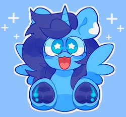 Size: 2048x1910 | Tagged: safe, artist:swirlseypop, derpibooru import, oc, oc only, alicorn, pony, alicorn oc, blue background, commission, horn, looking at you, open mouth, open smile, simple background, smiling, smiling at you, solo, spread wings, starry eyes, underhoof, wingding eyes, wings, ych result