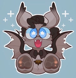 Size: 1982x2048 | Tagged: safe, artist:swirlseypop, derpibooru import, oc, oc only, bat pony, pony, bat pony oc, bat wings, bowtie, commission, looking at you, open mouth, open smile, simple background, smiling, smiling at you, solo, spread wings, starry eyes, underhoof, wingding eyes, wings, ych result
