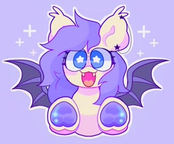 Size: 2048x1692 | Tagged: safe, artist:swirlseypop, derpibooru import, oc, oc only, bat pony, pony, bat pony oc, bat wings, commission, looking at you, open mouth, open smile, purple background, simple background, smiling, smiling at you, solo, spread wings, starry eyes, underhoof, wingding eyes, wings, ych result