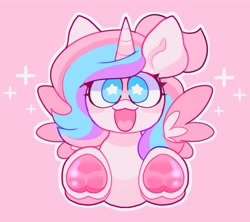 Size: 2048x1818 | Tagged: safe, artist:swirlseypop, derpibooru import, oc, oc only, alicorn, pony, alicorn oc, commission, horn, looking at you, open mouth, open smile, pink background, simple background, smiling, smiling at you, solo, spread wings, starry eyes, underhoof, wingding eyes, wings, ych result