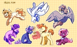 Size: 2048x1242 | Tagged: safe, artist:lrusu, derpibooru import, amethyst star, dust devil, golden crust, jasmine leaf, lightning bolt, midnight snack (character), sparkler, sweet biscuit, white lightning, earth pony, pegasus, pony, unicorn, blushing, flying, food, friendship student, gay, goldensnack, happy, male, shipping, smiling, tea