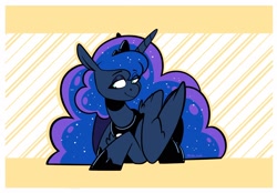 Size: 2048x1423 | Tagged: safe, artist:lrusu, derpibooru import, princess luna, alicorn, pony, horn, lidded eyes, looking at you, smiling, smiling at you, solo