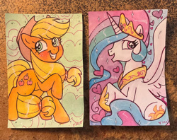 Size: 600x476 | Tagged: safe, artist:marybellamy, derpibooru import, applejack, princess celestia, commission, san diego comic con, smiling, traditional art, watercolor painting