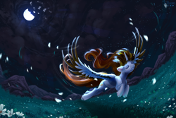 Size: 3300x2200 | Tagged: safe, artist:teaflower300, derpibooru import, oc, oc only, alicorn, pony, alicorn oc, flower, flying, horn, moon, night, solo, stars, wings