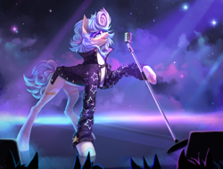 Size: 5000x3791 | Tagged: safe, artist:inarimayer, derpibooru import, oc, oc only, earth pony, pony, clothes, female, jacket, mare, microphone, open mouth, open smile, singing, smiling, solo, stage, visor