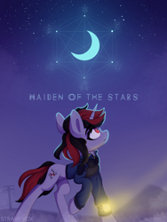 Size: 3000x4000 | Tagged: safe, artist:stravy_vox, derpibooru import, oc, oc only, oc:blackjack, pony, unicorn, fallout equestria, fallout equestria: project horizons, crescent moon, fanfic art, female, high res, mare, moon, poster, raised hoof, raised leg, solo