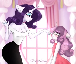 Size: 2048x1727 | Tagged: safe, artist:cherubisous, derpibooru import, rarity, sweetie belle, anthro, unicorn, :<, boop, breasts, cleavage, clothes, dress, ears, female, floppy ears, lidded eyes, siblings, sisters, smiling, sweetie belle is not amused, top, unamused