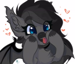 Size: 2568x2200 | Tagged: safe, artist:falafeljake, derpibooru import, oc, oc only, bat pony, pony, chest fluff, ear fluff, ears, eye clipping through hair, eyebrows, eyebrows visible through hair, happy, heart, raspberry, simple background, sketch, smiling, solo, spread wings, squishy cheeks, tongue, tongue out, white background, wings