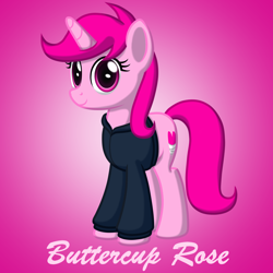 Size: 2000x2000 | Tagged: safe, artist:spacegirlss12, derpibooru import, oc, oc only, oc:buttercup rose, pony, unicorn, clothes, female, hoodie, horn, looking at you, mare, pink background, pink body, pink eyes, pink mane, show accurate, simple background, smiling, smiling at you, solo, solo female, text, unicorn oc